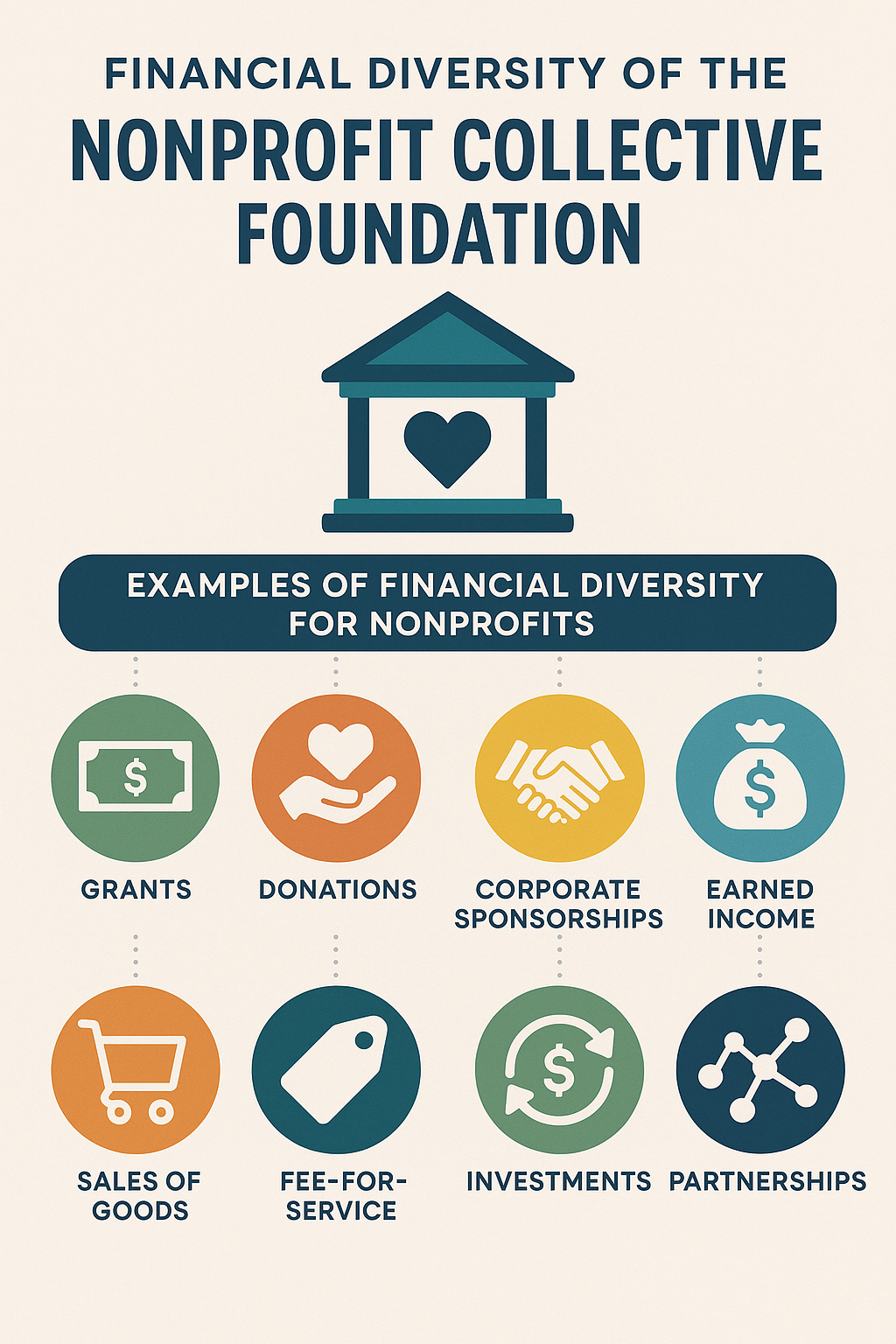 Infographic: Financial diversity for nonprofits, showing icons for grants, donations, sponsorships, earned income, sales, fees, investments, partnerships.