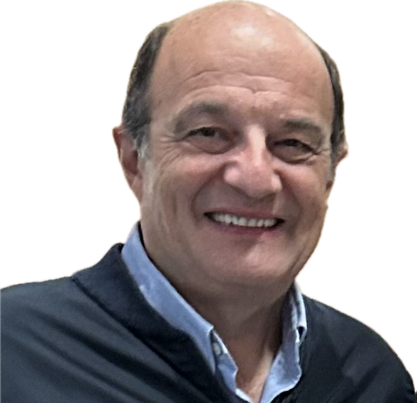 Smiling bald man in a dark jacket against a white background