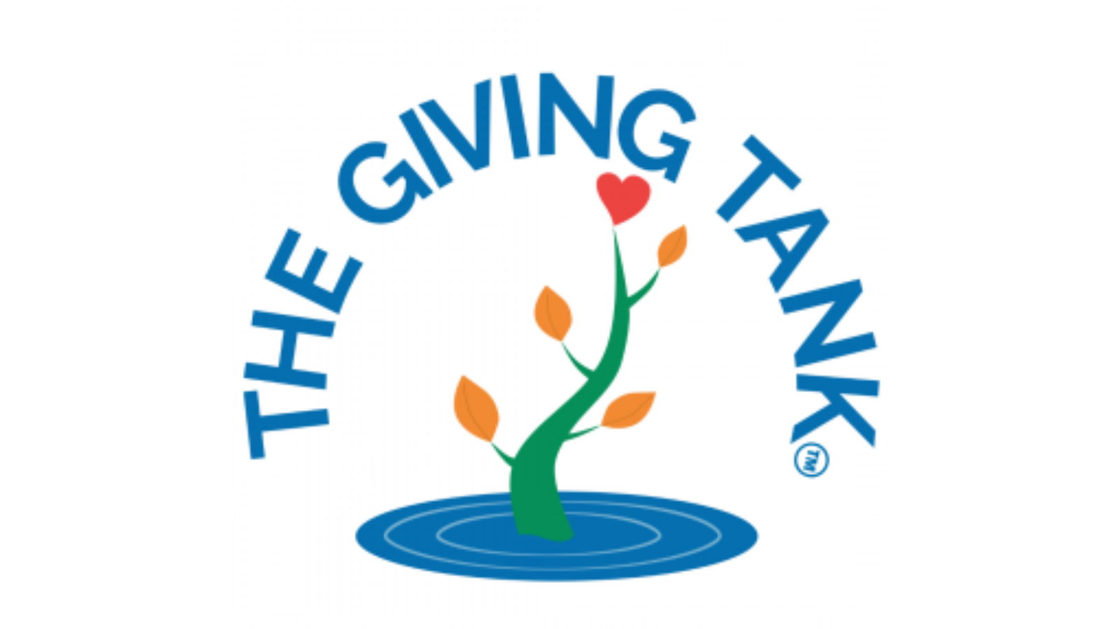 Logo for The Giving Tank with a plant growing out of water, blue text.