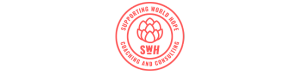 Logo with a red circle containing text "SUPPORTING WORLD HOPE" and "GROWING AND CONSULTING". Central figure has several stylized figures.