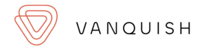 Logo of "VANQUISH," featuring a layered triangular shape in reddish-brown.