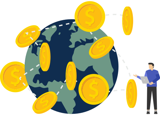 World globe with dollar coins, connected by lines; a person with a laptop points to them.