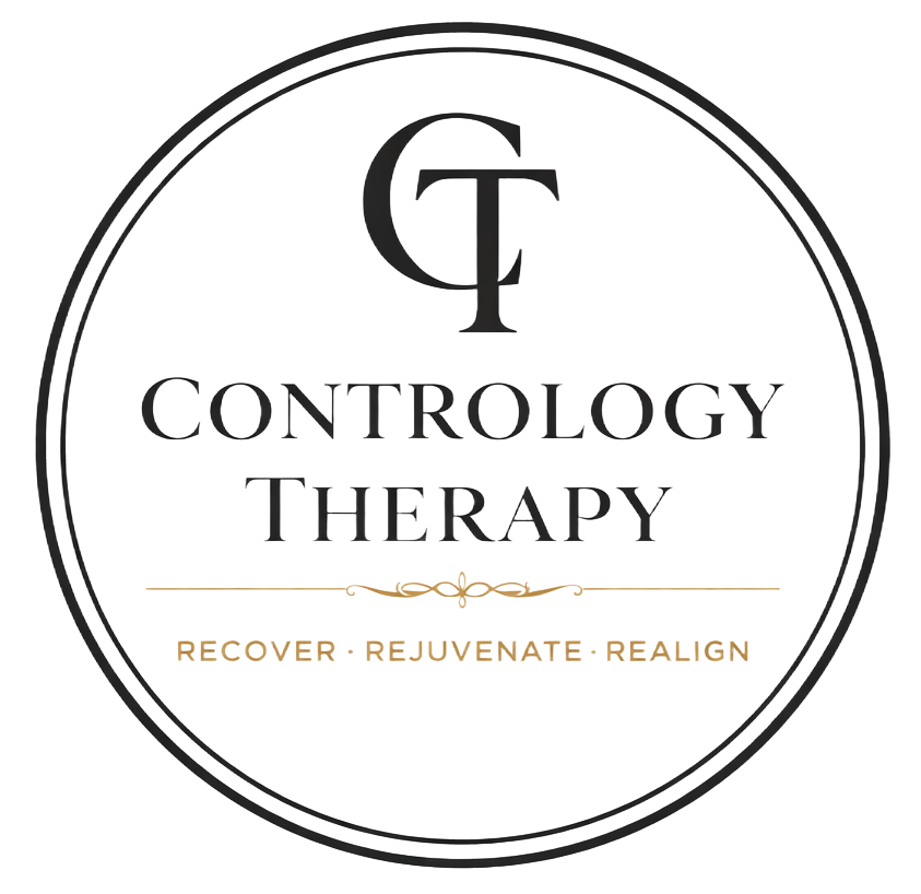 Contrology Therapy logo with circular black border and gold tagline &ldquo;Recover. Rejuvenate. Realign.&rdquo;