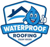 A logo featuring a blue cartoon water drop character giving a thumbs up, a roof icon, and the text "WATERPROOF ROOFING".