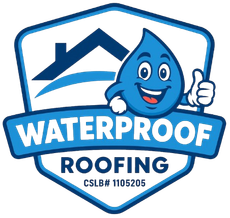 A logo featuring a blue cartoon water drop character giving a thumbs up, a roof icon, and the text "WATERPROOF ROOFING".