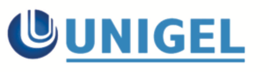 Um logotipo azul e branco para unigel em um fundo branco