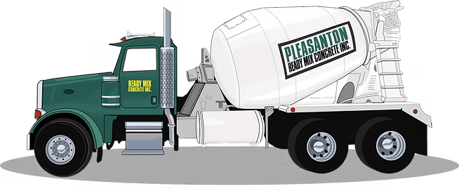 White cement mixer truck with green cab and Pleasanton logo on the drum, side view White cement mixer truck with green cab and Pleasanton logo on the drum, side view