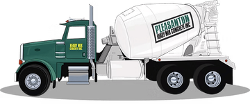 White cement mixer truck with green cab and Pleasanton logo on the drum, side view