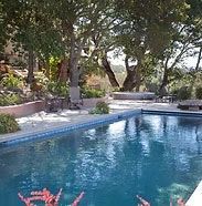 Blue swimming pool surrounded by trees and greenery, with stone seating and a shaded patio area. Blue swimming pool surrounded by trees and greenery, with stone seating and a shaded patio area.