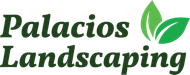 The logo for palacio landscaping has a green leaf on it.