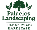 Palacios Landscaping logo with green tree and leaves, plus “Tree Services” and “Hardscape” text