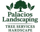 Palacios Landscaping logo with green tree and leaves, plus “Tree Services” and “Hardscape” text