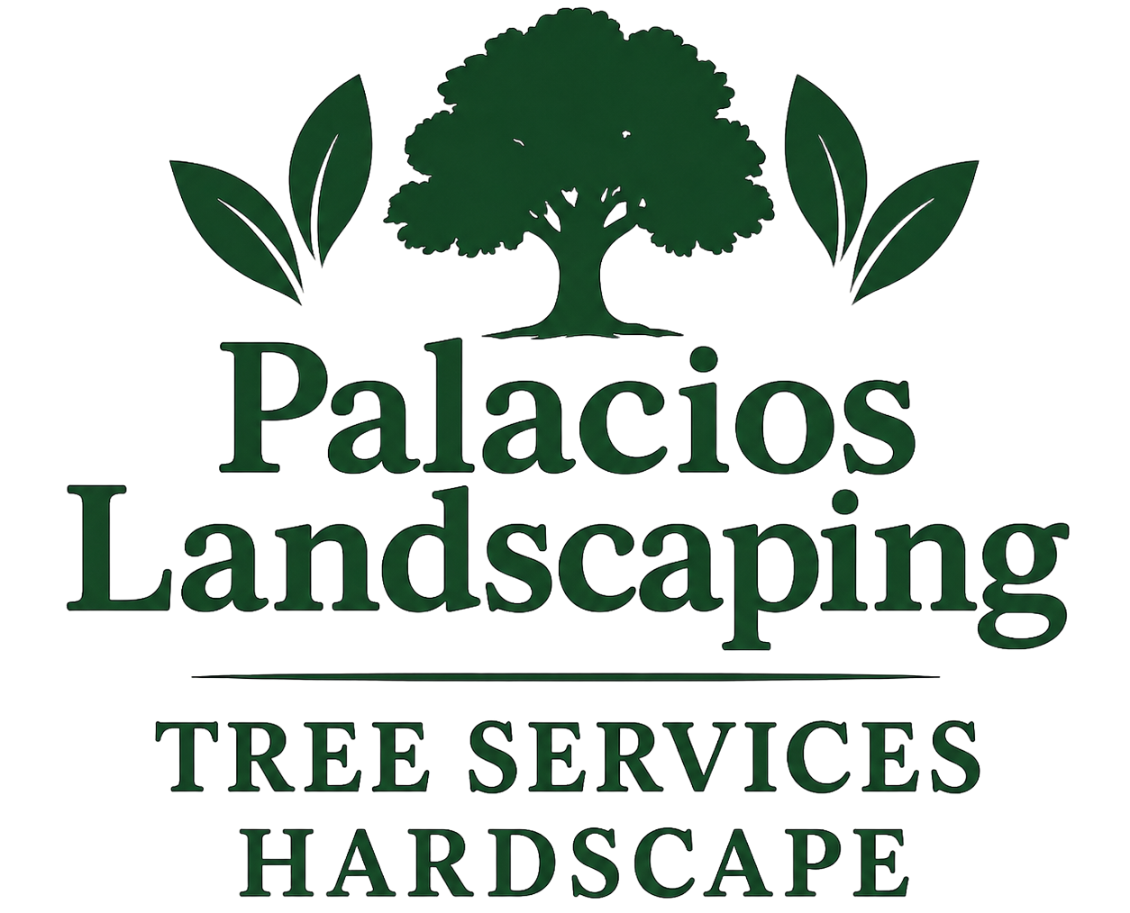 Palacios Landscaping logo with green tree and leaves, plus “Tree Services” and “Hardscape” text