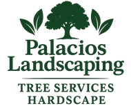 A logo for palacio 's tree services with a tree in the middle
