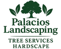 The logo for palacio landscaping has a green leaf on it.