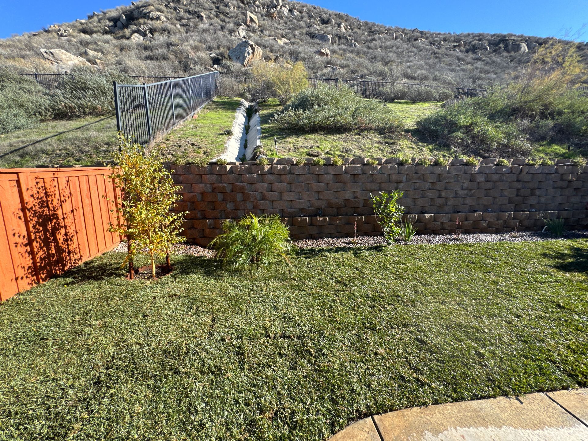 Backyard lawn with retaining walls, stairs up a hillside, and a mountain view under clear sky