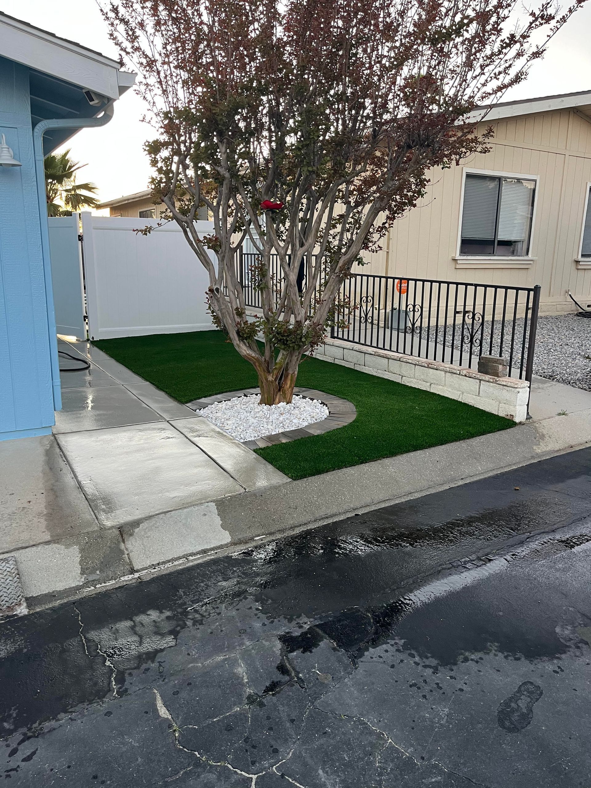 Small front yard with a tree, artificial grass, white fence, and sidewalk beside a house and driveway.