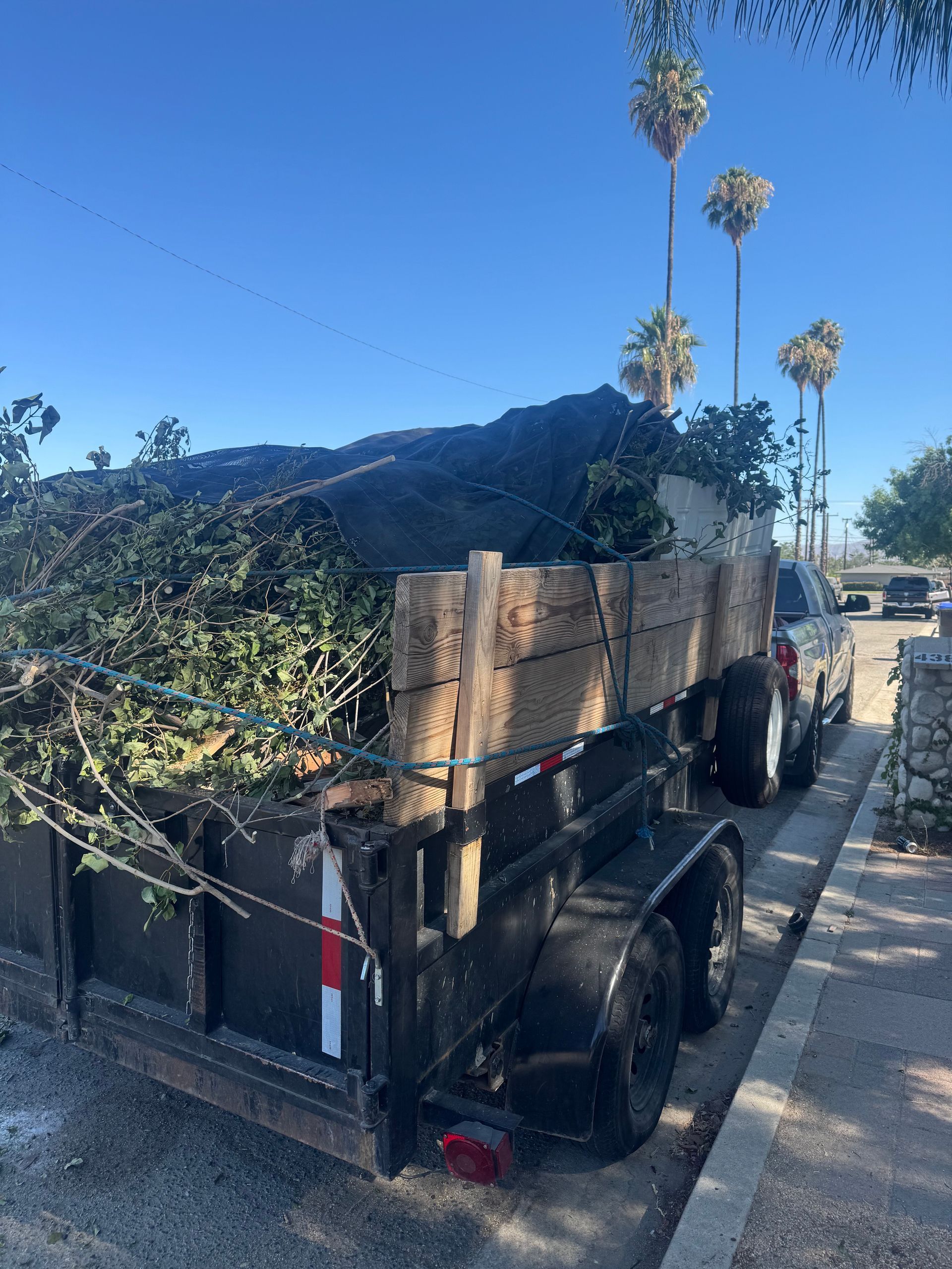A dumpster trailer filled with branches is parked on the side of the road.
