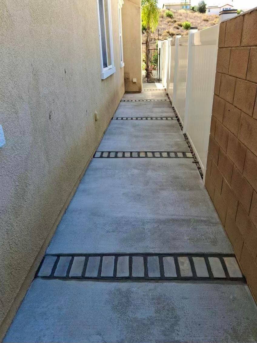 Concrete Walkway Design, Brick Accent Installation, Custom Concrete Work, Side Yard Walkway, Concrete Pouring & Finishing