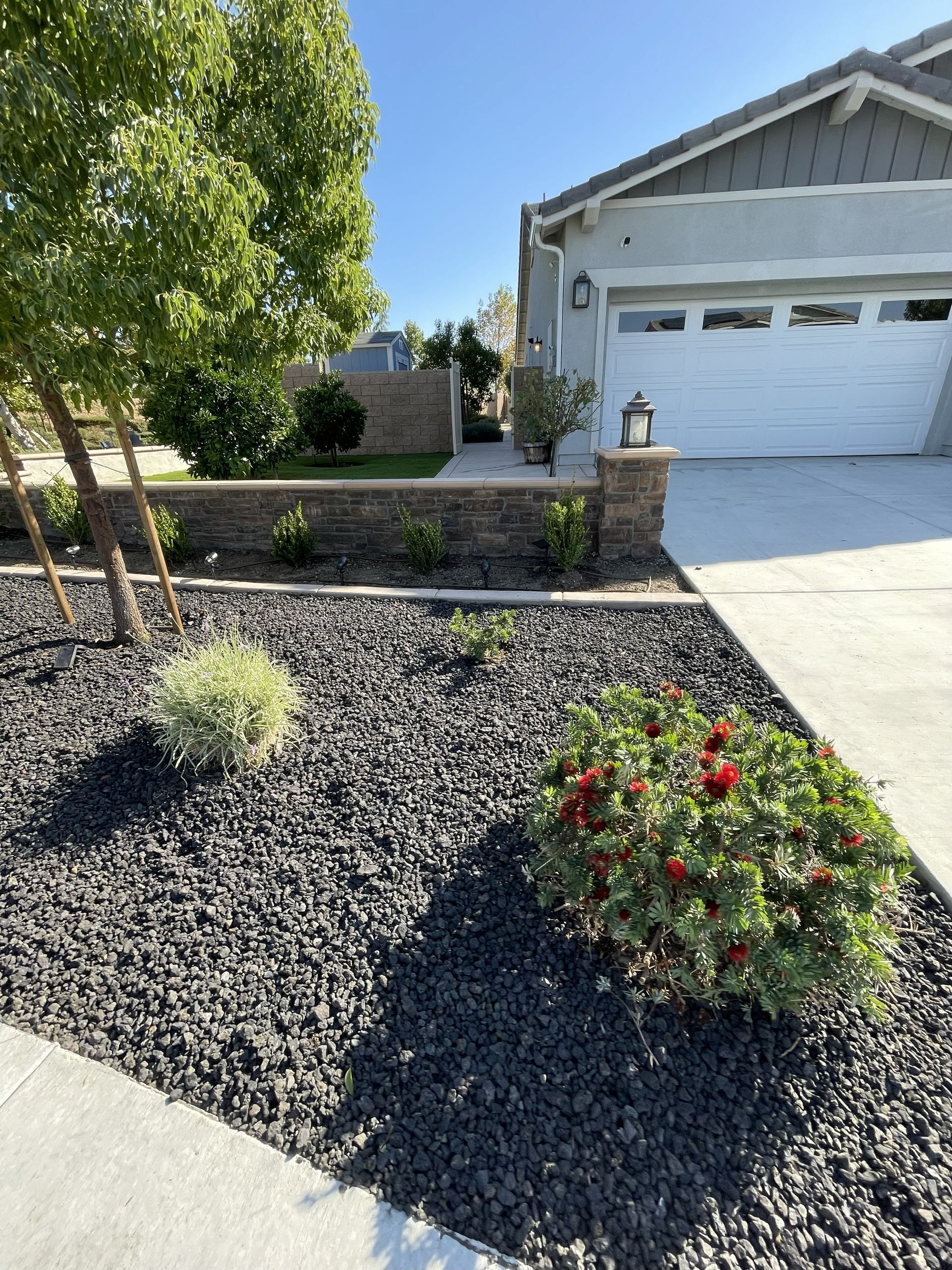 Front yard with black gravel landscaping, flowering shrubs, a tree, and a garage with a white door