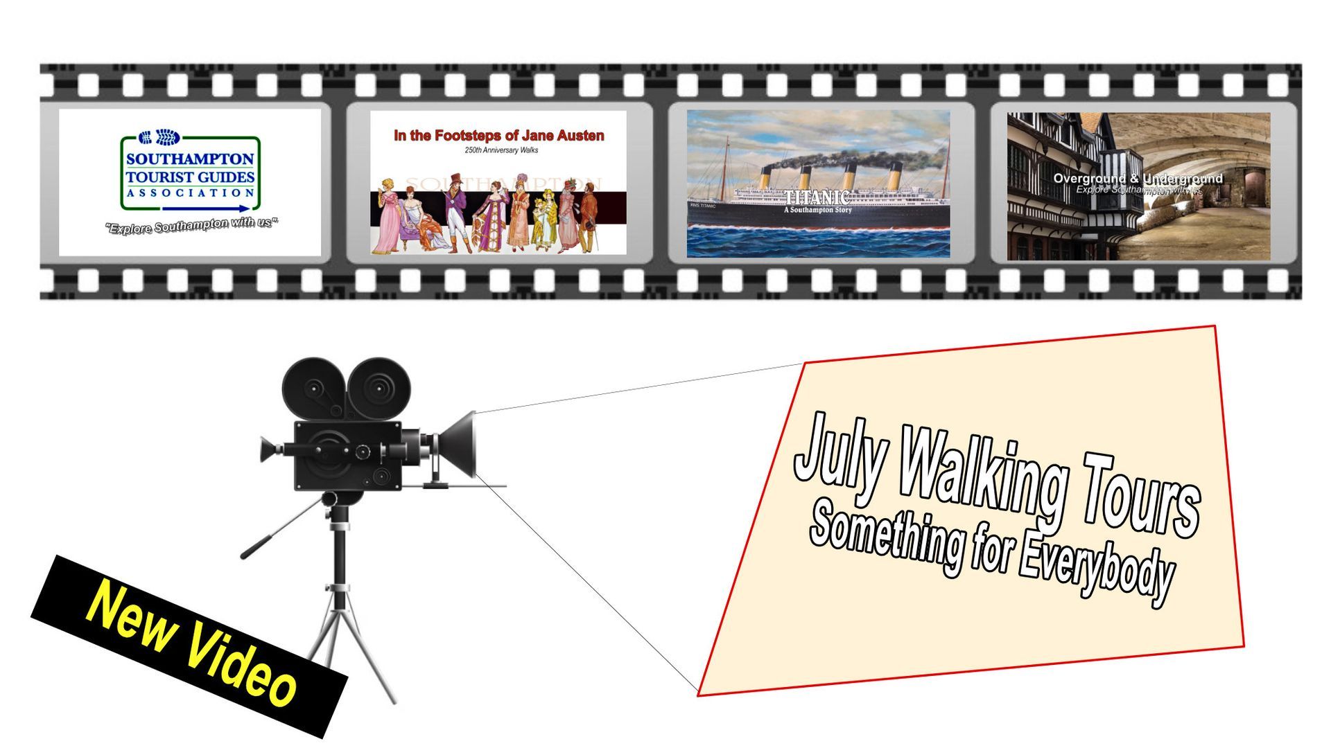 A film reel style photo with an advert for July walking tours.