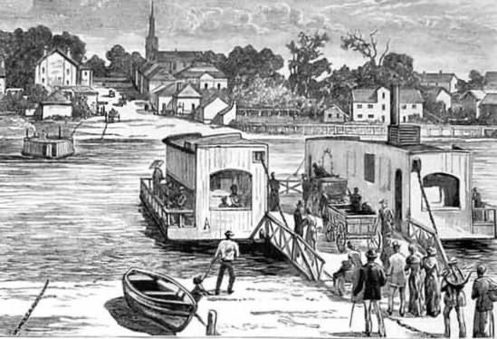 A black and white drawing of a ferry crossing a river
