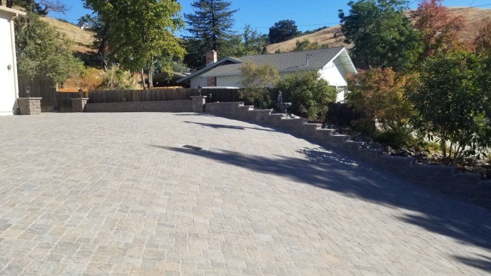 A brick driveway leading to a house with trees in the background