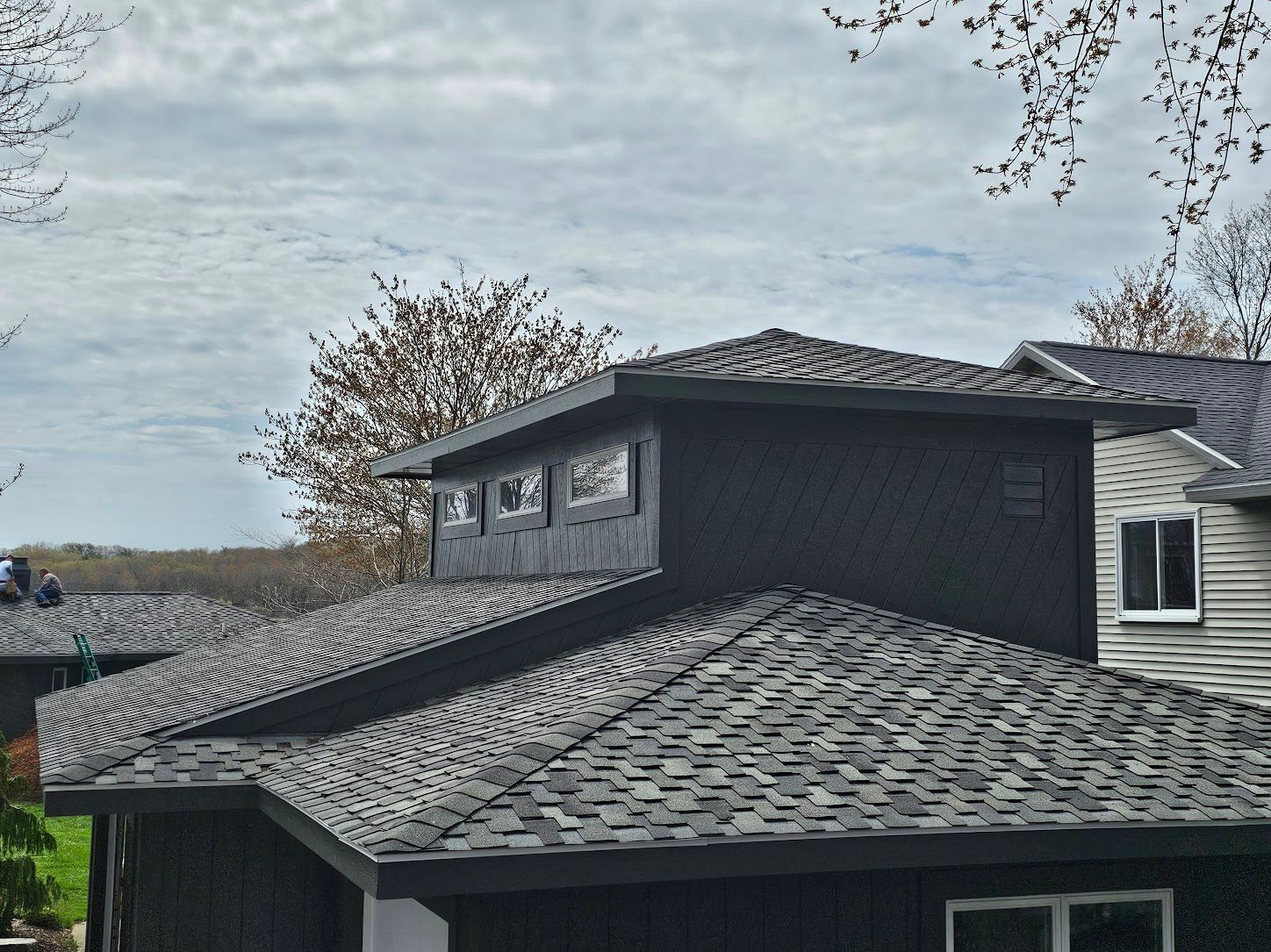 Dark house roof with gray shingles under a cloudy sky, with trees in the background