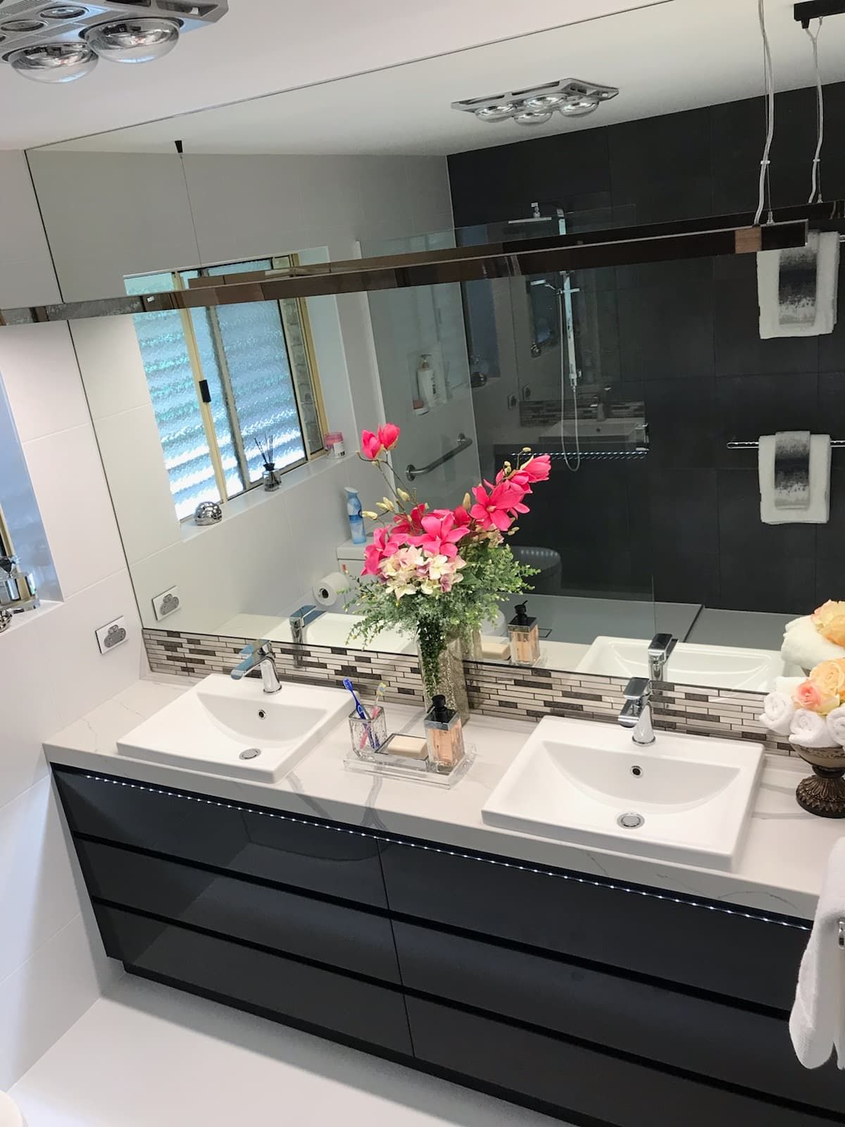 A Modern Bathroom Vanity Featuring Two White Rectangular Sinks — Craftsmen Kitchens In Monkland, QLD