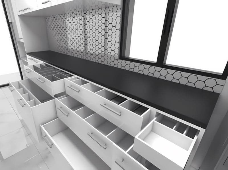 A Modern Kitchen Interior Showing White Cabinets With Organized, Pull-out Drawers — Craftsmen Kitchens In Monkland, QLD