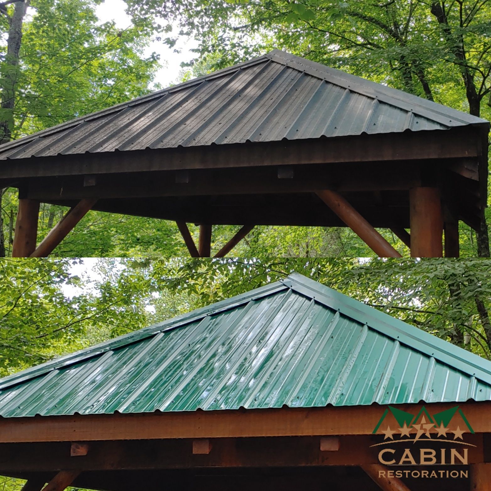 Comparison of a gazebo roof before (dark) and after (bright green) cleaning.
