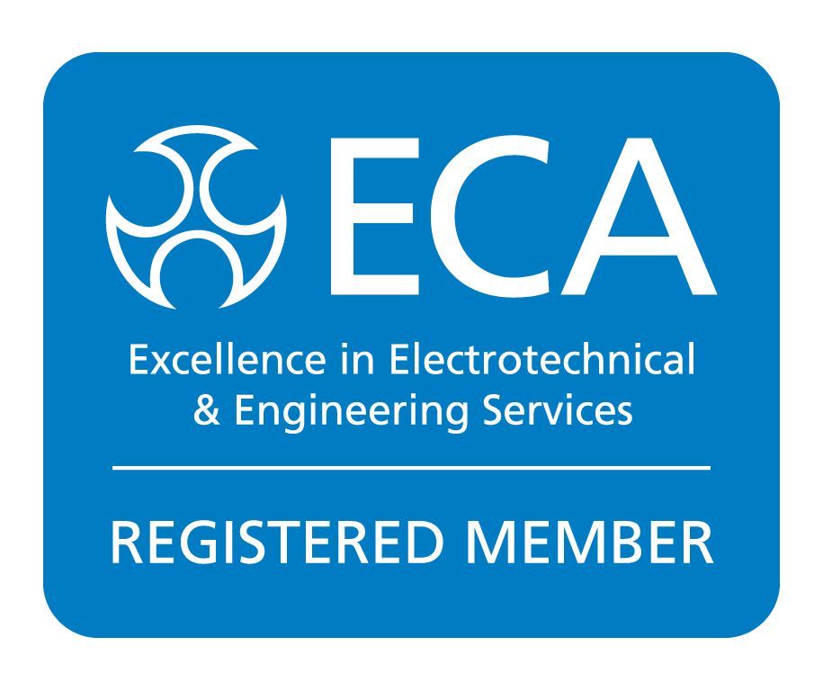 Blue ECA registered member badge with white logo and text: “Excellence in Electrotechnical & Engineering Services.”