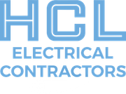 The logo for hcl electrical contractors is blue and white.