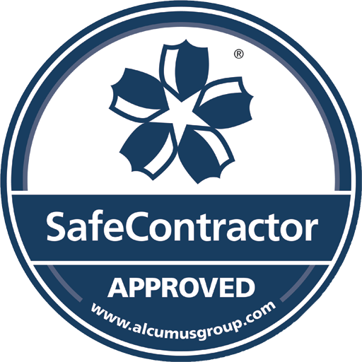 SafeContractor Approved blue-and-white certification badge with alcumusgroup.com text