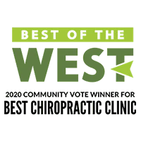 Best of the West award logo with green text: 2020 community vote winner for best chiropractic clinic