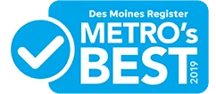 Des Moines Register Metro's Best 2019 blue award badge with white checkmark and text
