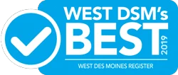 West Des Moines Register “West DSM’s Best 2019” blue award badge with white checkmark