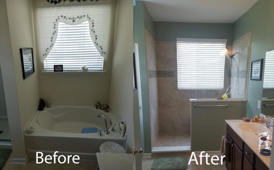 Before and after bathroom renovation comparison. Before: white tub, blinds, and tan walls. After: shower, vanity, and blue walls.