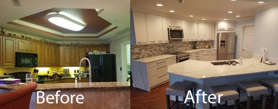 Before and after view of a kitchen renovation. The