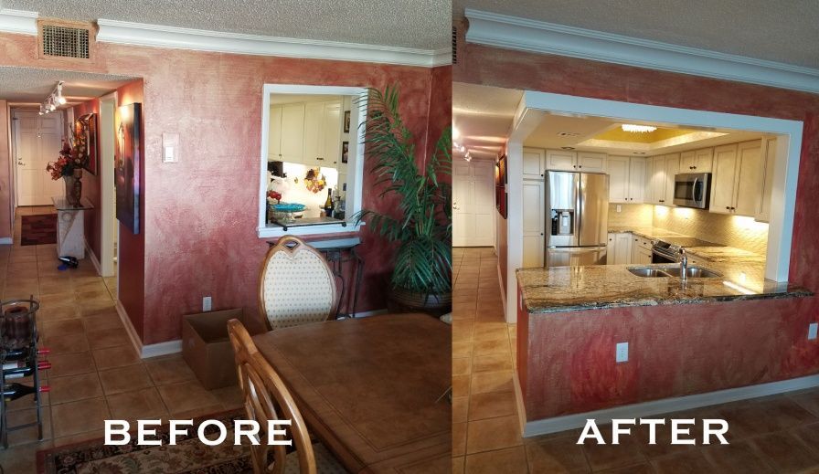 Before and after shots of a kitchen remodel. The