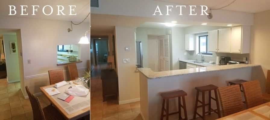 Comparison of a dining room before and after renovation, showing the removal of a wall to open up the kitchen.