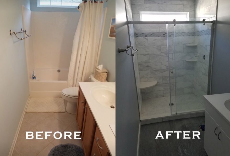 Bathroom remodel before and after: left side shows a dated tub/shower combo, right side reveals a modern glass shower with updated vanity and finishes.