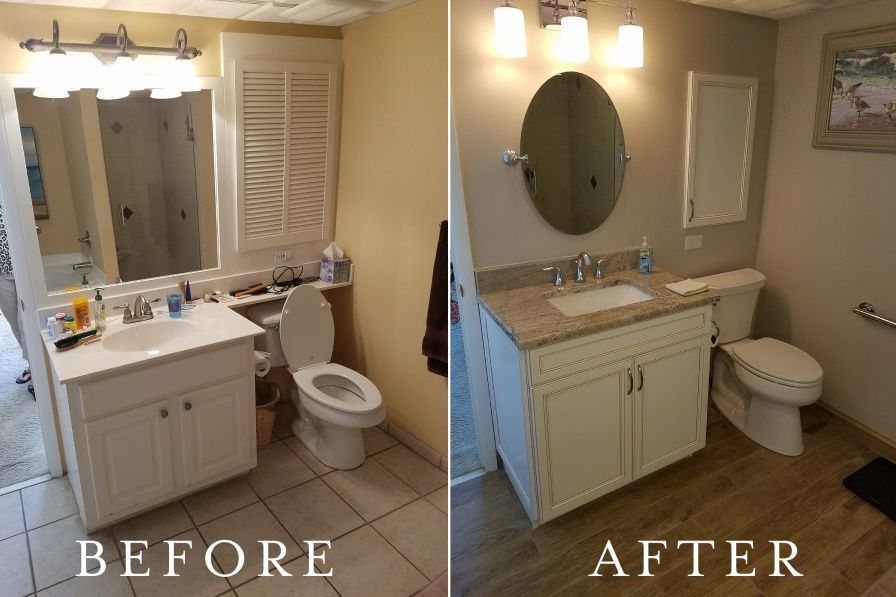 Bathroom renovation: Before and after comparison. The after photo features a new vanity with granite countertop, oval mirror, and wood-look flooring.