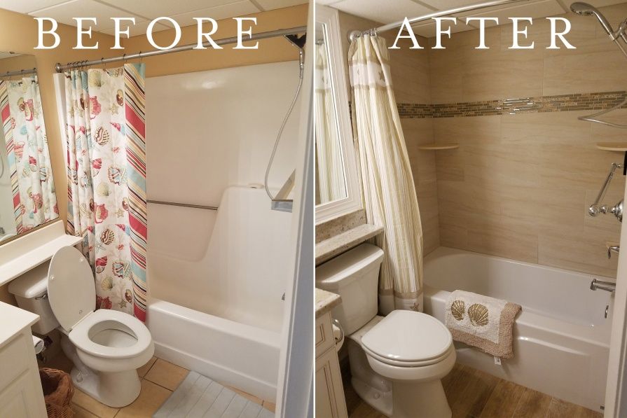 Bathroom remodel before and after. Left side shows a dated bathroom with patterned shower curtain. Right shows a remodeled bathroom with light-colored tile.