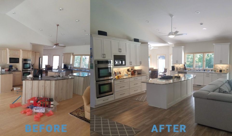 Before and after views of a kitchen remodel. The