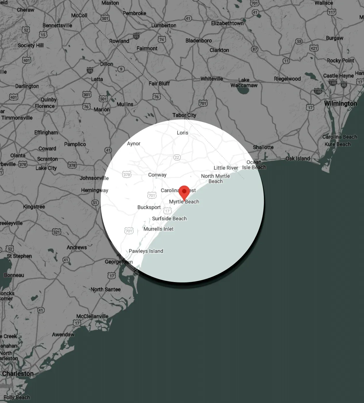 Map with a red marker centered on New Bern, North Carolina, with a circular radius indicating the surrounding area.