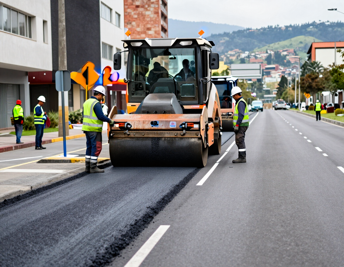Un equipo de obras viales pavimenta una calle de la ciudad con una apisonadora y trabajadores con chalecos de seguridad