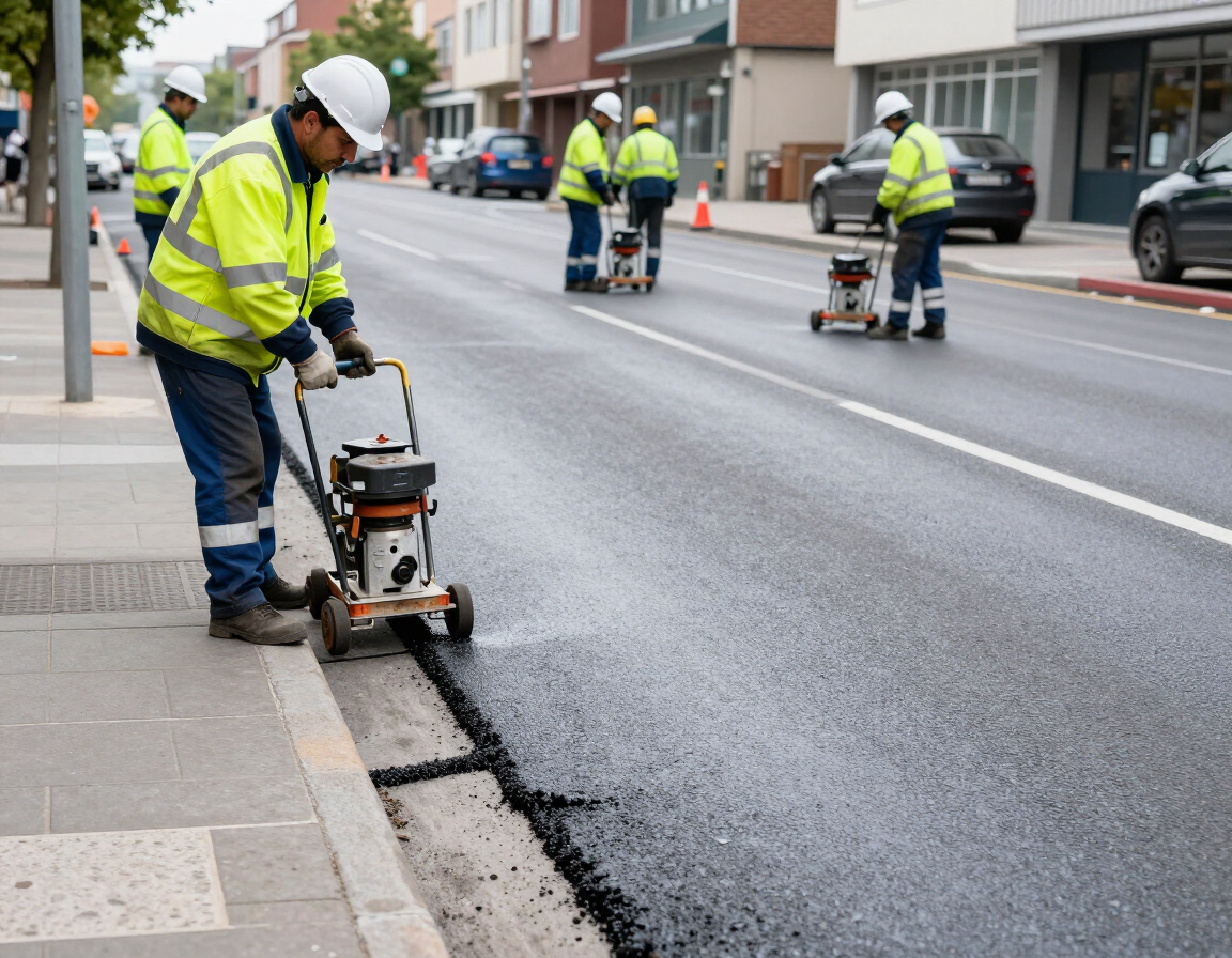 Un equipo de trabajadores viales usa una cortadora de pavimento