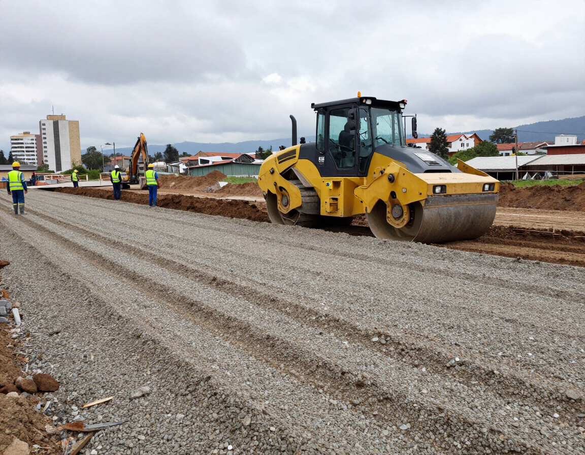 Un equipo de construcción maneja un rodillo compactador amarillo en un camino de grava bajo un cielo nublado
