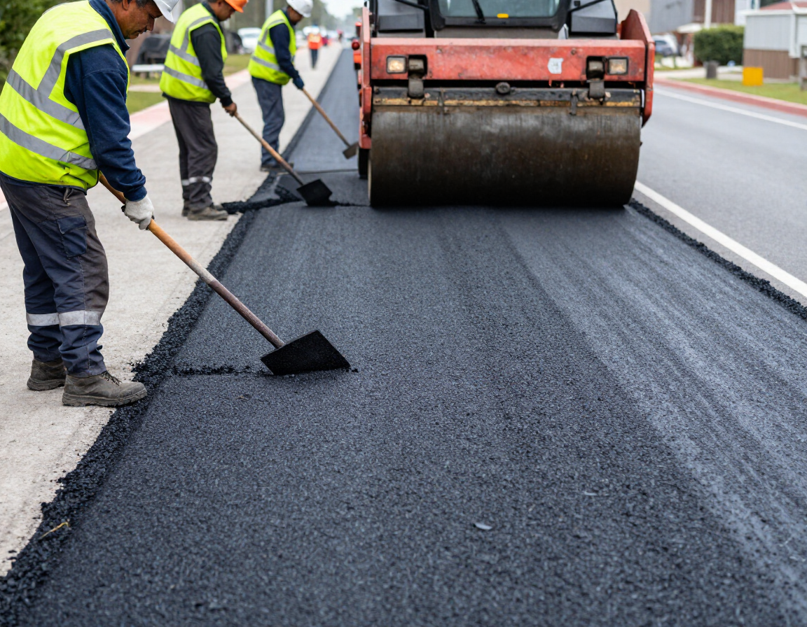 Un equipo de obras viales extendiendo asfalto nuevo detrás de una apisonadora en una autopista